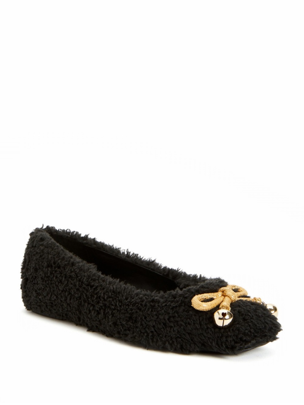 New Katy Perry The Evie Collections Black Fuzzy Ballet Flat w/ Gold Bow Charm, 7